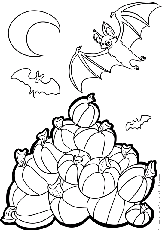 En stor hög med halloween pumpor, måne samt fladdermöss i luften