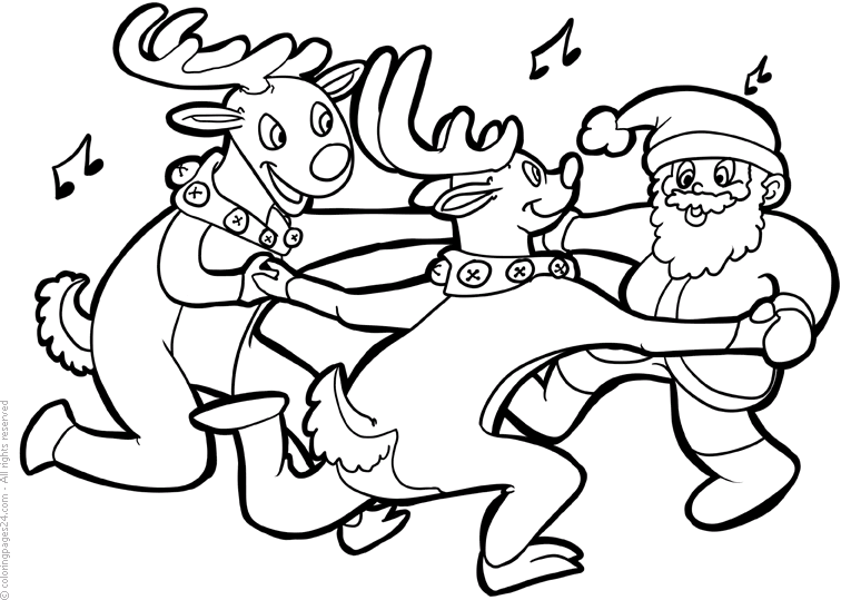Jultomten dansar runt i ring med två renar.