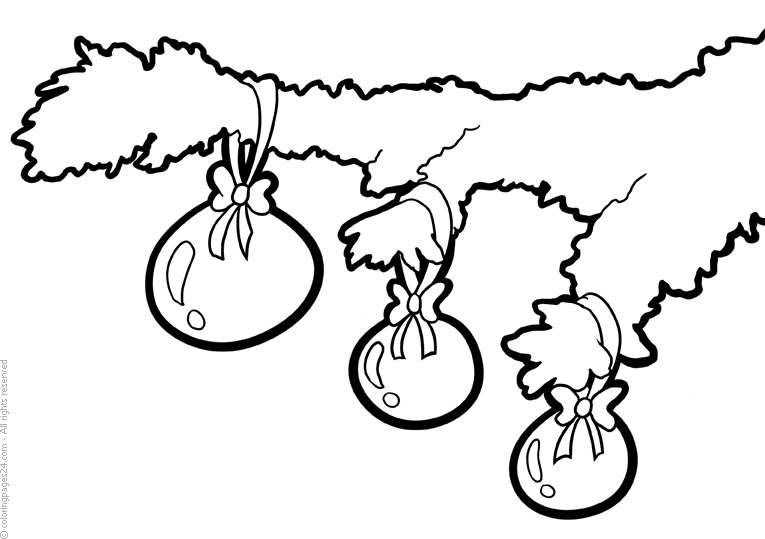 Närbild på tre julgranskulor som hänger på en gren