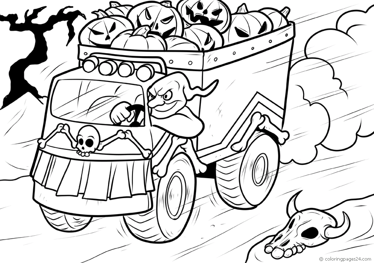 Spöke kör en lastbild fullastad med halloween pumpor. 