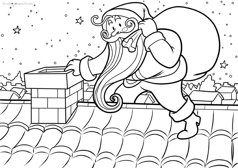 Jultomten klättrar på taket och är på väg ner i skortstenen