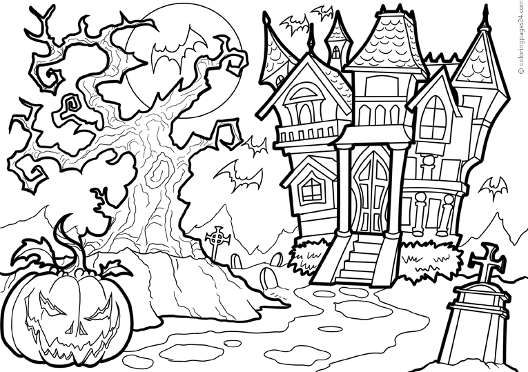 Ett spöklikt halloweenhus med fladdermöss och gravstenar