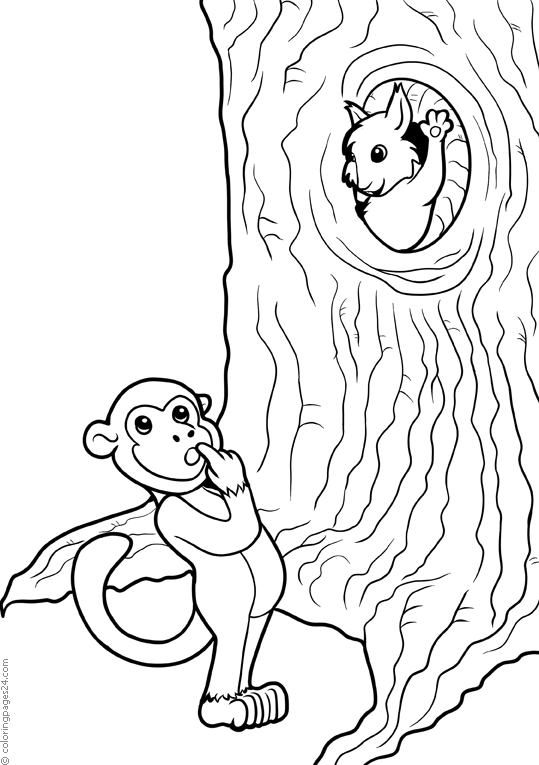 Förvånad apa ser ett djur inuti i ett träd