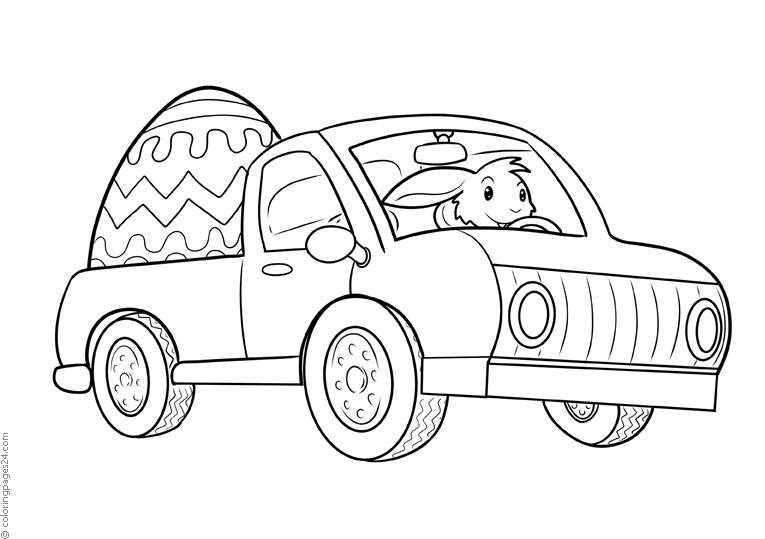 En kanin kör bil lastad med ett stor påskägg