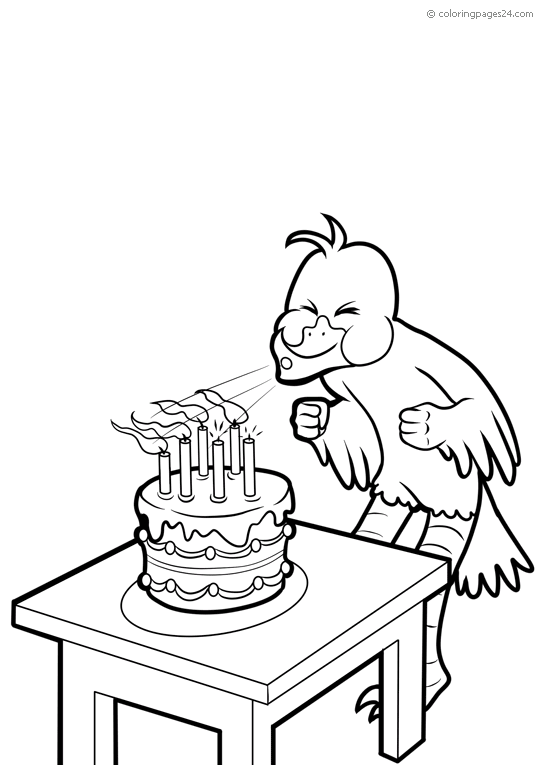 En fågel blåser ut ljusen på en födelsedagstårta