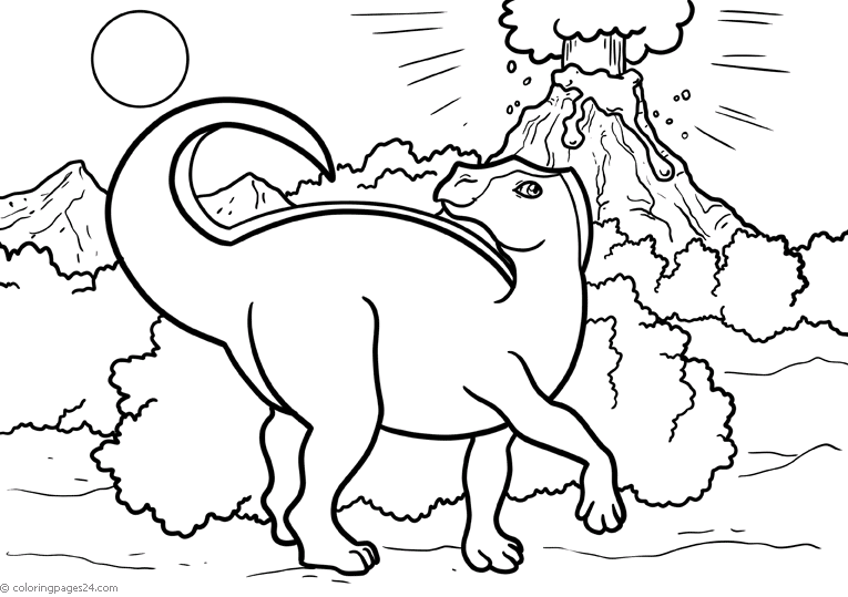 En dinosaurier framför en vulkan