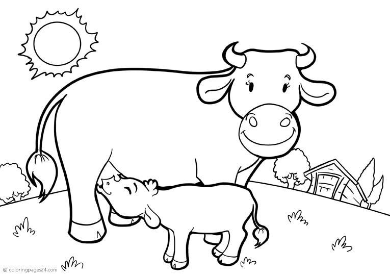 Målarbild med ett djur eller en ko som diar sin lilla kalv