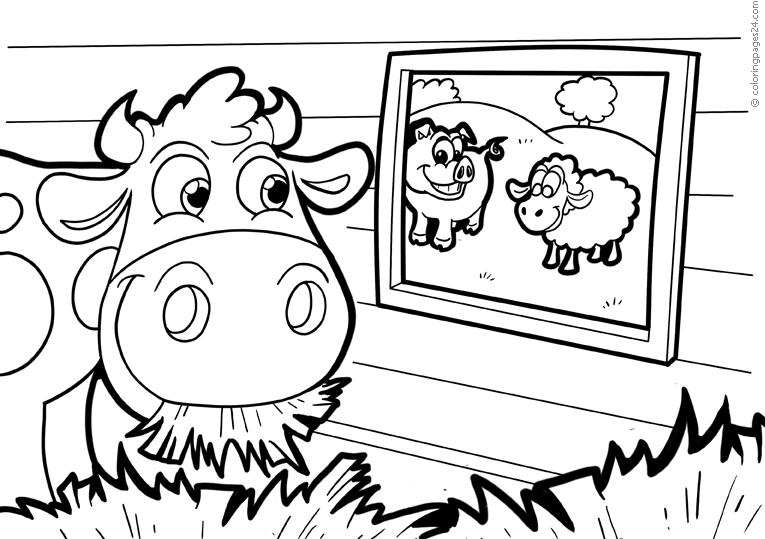 En ko tittar ut genom fönstret och ser en gris och ett får.