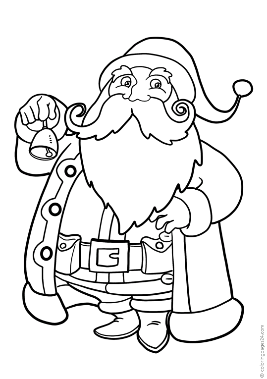 Jultomten med stort skägg håller i en lite julklocka
