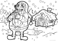 Leende jultomte står utanför en liten snötäckt stuga