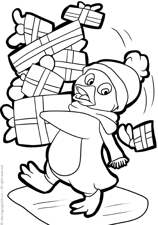 En pingvin som bär en hög med julklappar