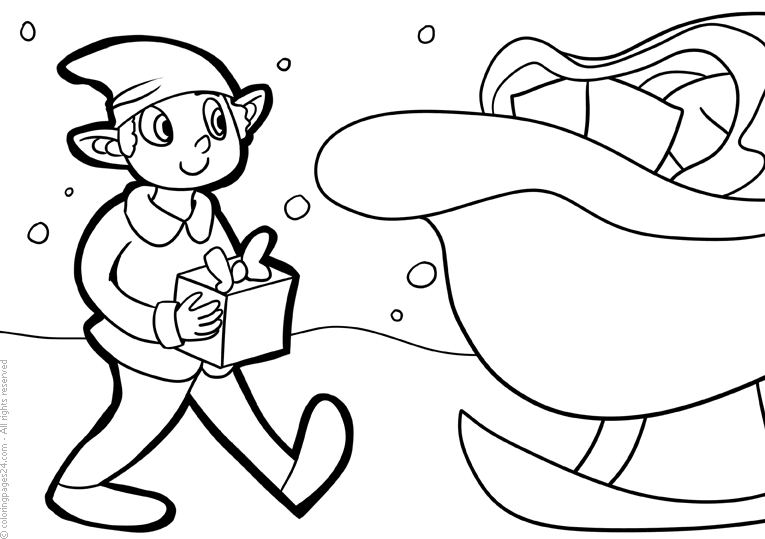 Älva lastar julpaket på en släde