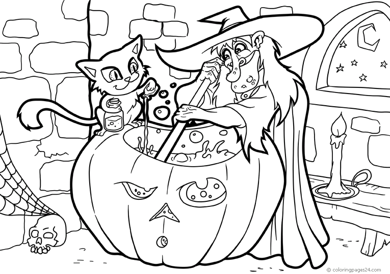 Häxan blandar dryck i sin häxkittel