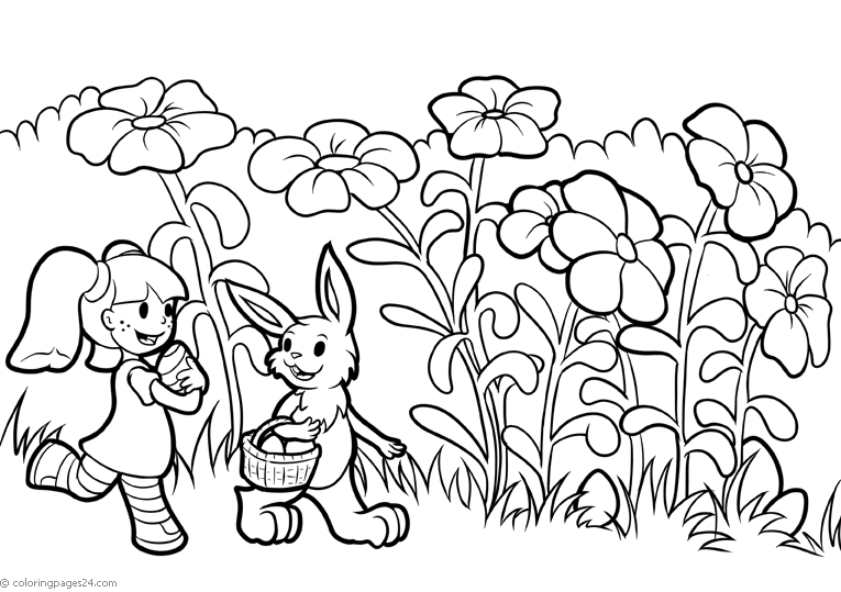 En flicka och en kanin letar påskägg