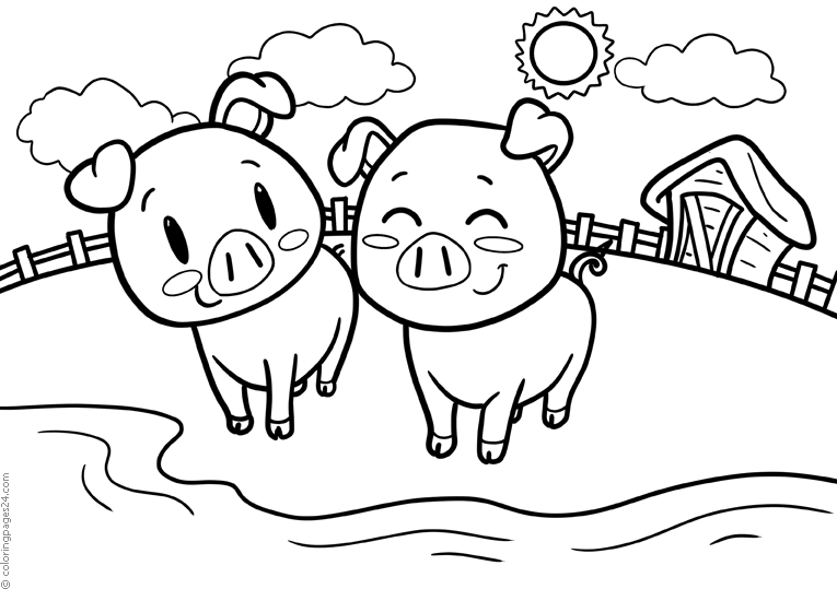 Två glada grisar som står på farmen