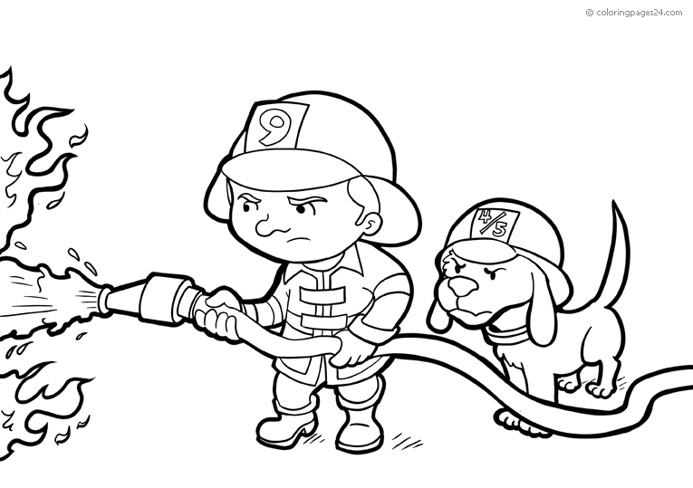 En brandman och hans hund släckrn en eld